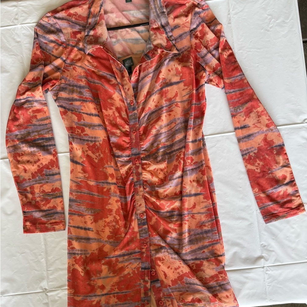 Vibrant Long-Sleeve Button-Up Dress
